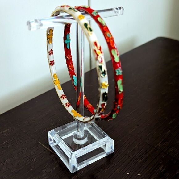 3/$30 Stunning 2.75" Vintage Cloisonne Red and White Floral Bangle Bracelet Set - Picture 3 of 11